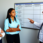 A diverse group of professional recreation leaders, fully clothed in modest, appropriate attire, are collaboratively reviewing safety checklists and emergency protocols in a bright, modern training room. They are engaged in a serious discussion, pointing at diagrams on a whiteboard that outline risk assessment procedures. The atmosphere is focused and professional, emphasizing prevention and team awareness. Perfect anatomy, correct proportions, natural pose, well-formed hands, proper finger count, natural body proportions. High-quality professional photography, safe for work, appropriate content, fully clothed, family-friendly.