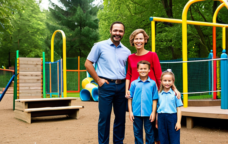 A professional-looking family, including two parents and two children, fully clothed in appropriate and modest leisure wear, joyfully engaging in an outdoor adventure park activity. The setting features well-maintained recreational equipment and subtle, stylized signs indicating safety certifications, emphasizing a secure and professional environment. The image conveys peace of mind and trust, captured with professional photography, safe for work, appropriate content, fully clothed, family-friendly, perfect anatomy, correct proportions, natural pose, well-formed hands, proper finger count, natural body proportions, high quality, professional dress.