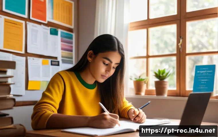 레크리에이션 자격시험 대비 모의 테스트 - A focused study scene featuring a young Brazilian adult sitting at a wooden desk in a cozy home offi...