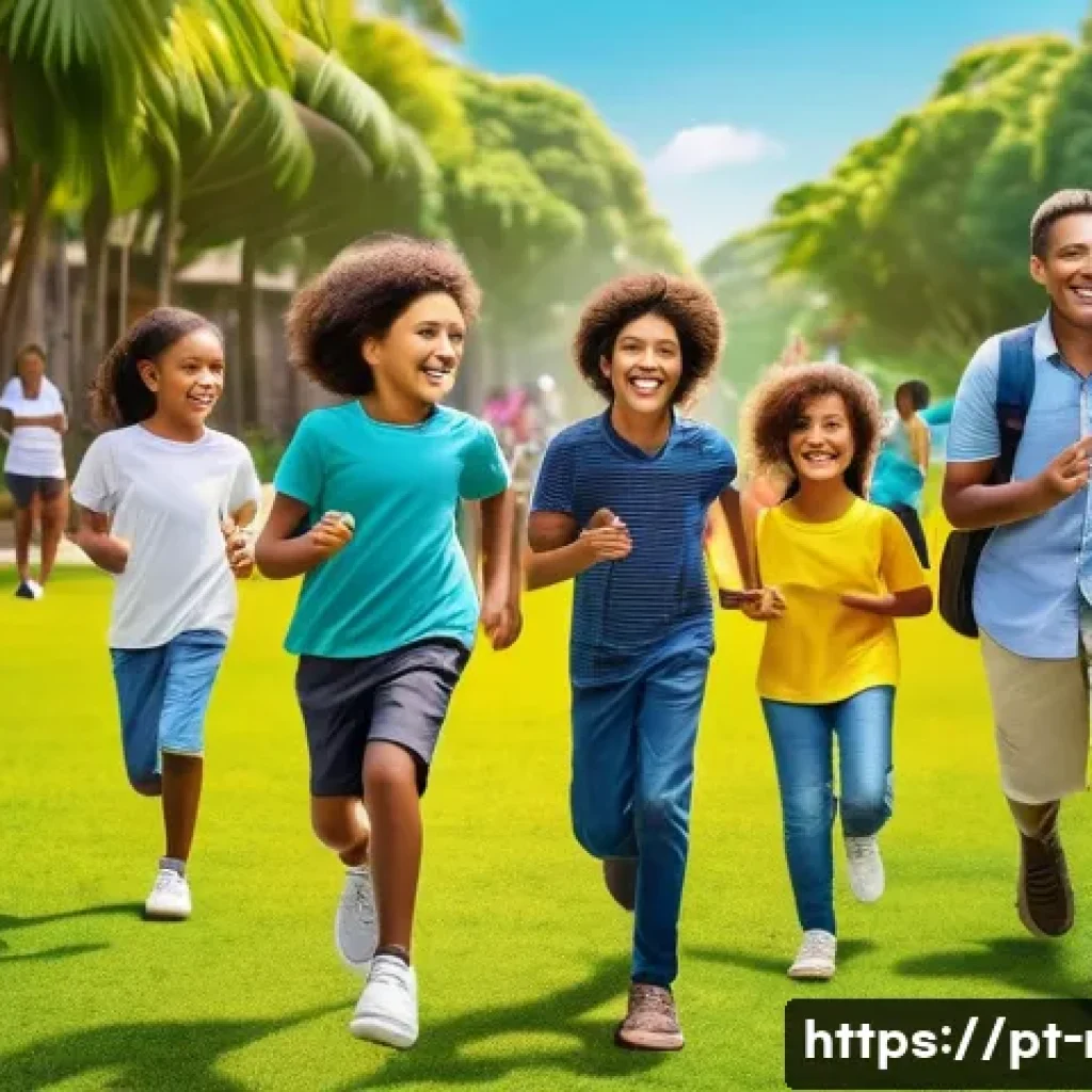 레크리에이션 지도자와 현장 노하우 - A lively and diverse group of children and teenagers engaged in a recreational outdoor activity in a...