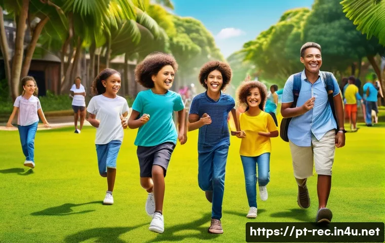 레크리에이션 지도자와 현장 노하우 - A lively and diverse group of children and teenagers engaged in a recreational outdoor activity in a...