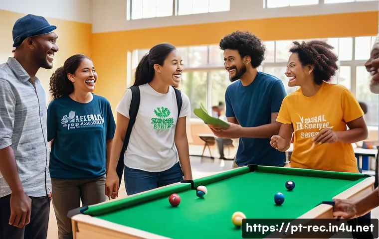 레크리에이션 지도자와 팀원 간 갈등 해결 - A diverse recreational team gathered in a bright, modern community center, engaged in a lively group...