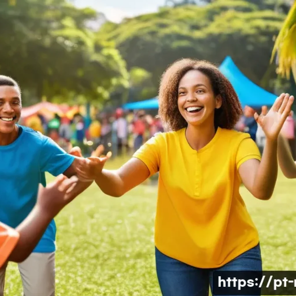 레크리에이션 지도자의 자기 홍보 방법 - A dynamic scene of a professional recreation leader engaging with a diverse group of adults and chil...