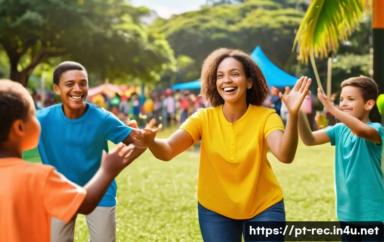 레크리에이션 지도자의 자기 홍보 방법 - A dynamic scene of a professional recreation leader engaging with a diverse group of adults and chil...