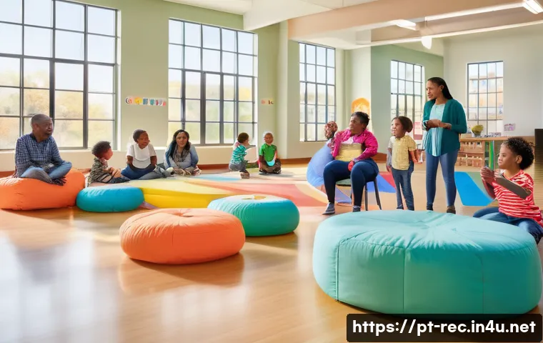 레크리에이션 강의 기획 노하우 - A diverse group of people in a bright, spacious community center engaging in inclusive recreational ...