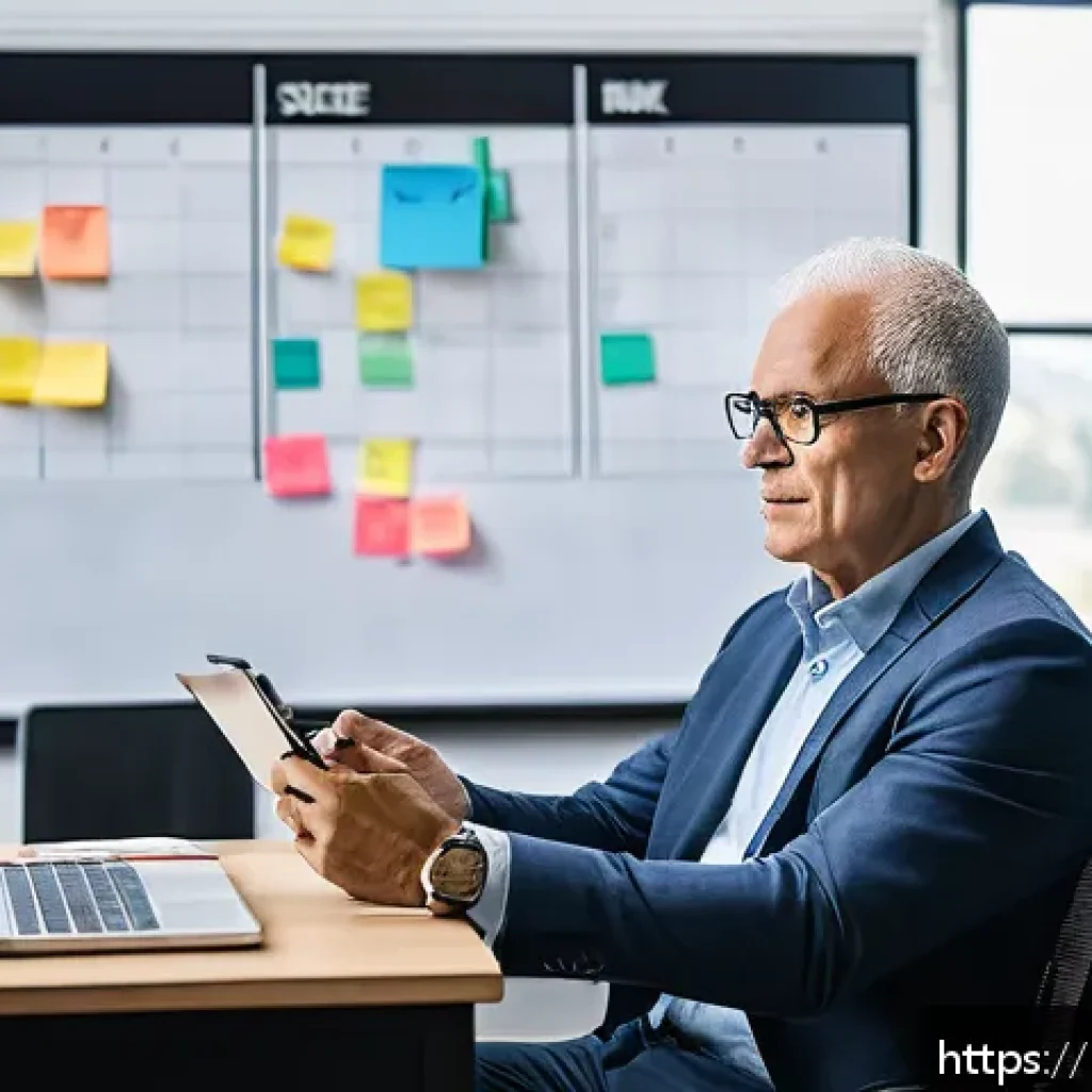 레크리에이션 지도자의 일과 균형 - A professional recreation leader sitting at a modern desk in a bright, organized office, surrounded ...