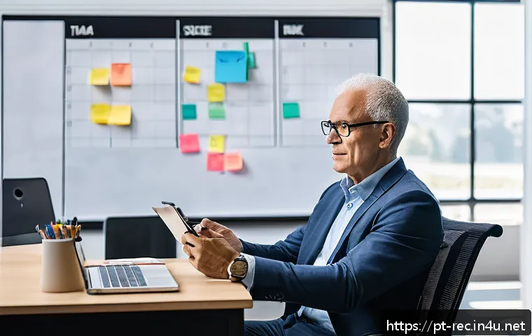레크리에이션 지도자의 일과 균형 - A professional recreation leader sitting at a modern desk in a bright, organized office, surrounded ...