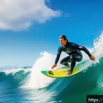 Home 20 레크리에이션 활동별 보험 가입 방법 - A vibrant, dynamic scene of a surfer wearing a full wetsuit and protective gear, riding a large ocea...