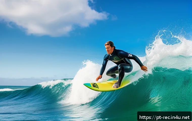 레크리에이션 활동별 보험 가입 방법 - A vibrant, dynamic scene of a surfer wearing a full wetsuit and protective gear, riding a large ocea...